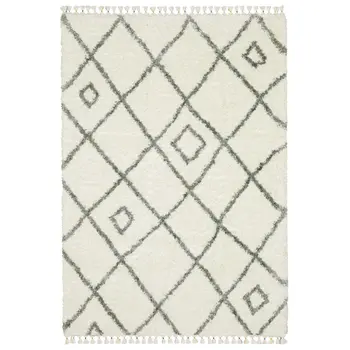 7' X 10' Ivory Gray And Tan Diamond Shag Area Rug With Fringe