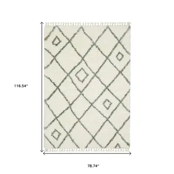 7' X 10' Ivory Gray And Tan Diamond Shag Area Rug With Fringe