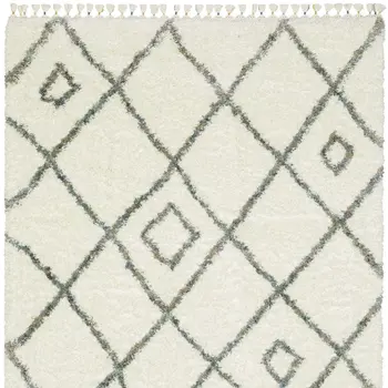 8' X 11' Ivory Gray And Tan Diamond Shag Area Rug With Fringe