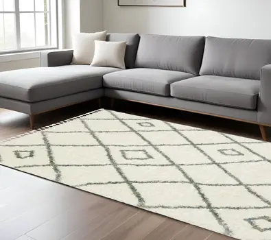 8' X 11' Ivory Gray And Tan Diamond Shag Area Rug With Fringe