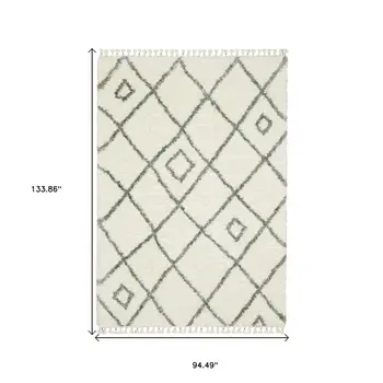 8' X 11' Ivory Gray And Tan Diamond Shag Area Rug With Fringe