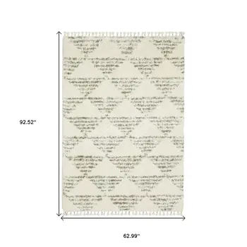 5' X 8' Ivory And Green Geometric Shag Area Rug With Fringe