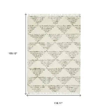 10' X 13' Ivory And Green Geometric Shag Area Rug With Fringe