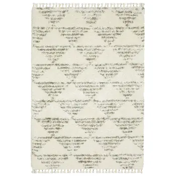 4' X 5' Ivory And Green Geometric Shag Area Rug With Fringe