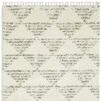 7' X 10' Ivory And Green Geometric Shag Area Rug With Fringe