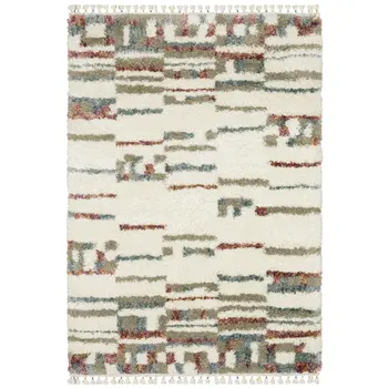 5' X 8' Tan Gray And Ivory Abstract Shag Distressed Area Rug With Fringe