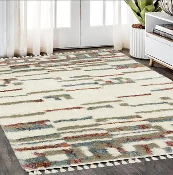 5' X 8' Tan Gray And Ivory Abstract Shag Distressed Area Rug With Fringe