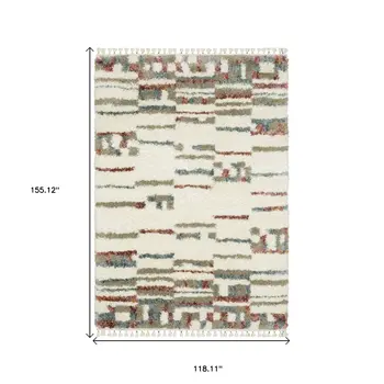 10' X 13' Tan Gray And Ivory Abstract Shag Distressed Area Rug With Fringe