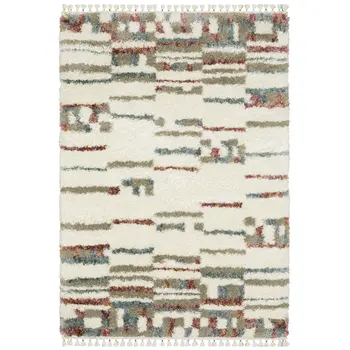 4' X 5' Tan Gray And Ivory Abstract Shag Distressed Area Rug With Fringe