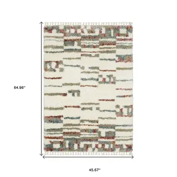 4' X 5' Tan Gray And Ivory Abstract Shag Distressed Area Rug With Fringe