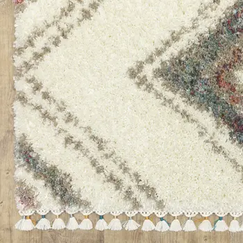 10' X 13' Ivory Red And Orange Southwestern Shag Area Rug With Fringe