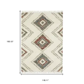 10' X 13' Ivory Red And Orange Southwestern Shag Area Rug With Fringe