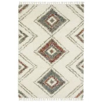 7' X 10' Ivory Red And Orange Southwestern Shag Area Rug With Fringe