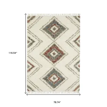 7' X 10' Ivory Red And Orange Southwestern Shag Area Rug With Fringe