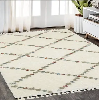 5' X 8' Gray Ivory And Tan Diamond Shag Area Rug With Fringe
