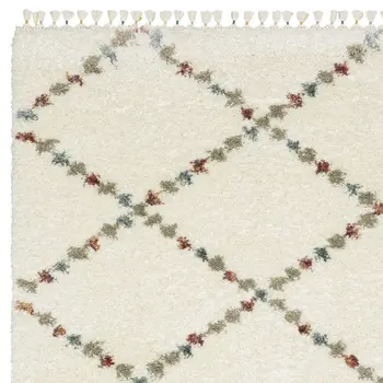 4' X 6' Ivory Tan And Gray Diamond Shag Area Rug With Fringe