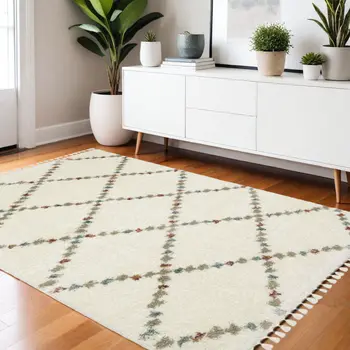 4' X 6' Ivory Tan And Gray Diamond Shag Area Rug With Fringe