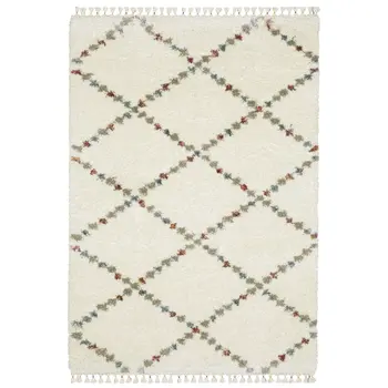 4' X 6' Ivory Tan And Gray Diamond Shag Area Rug With Fringe