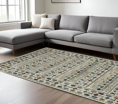 10' X 13' Ivory Tan And Gray Tribal Area Rug