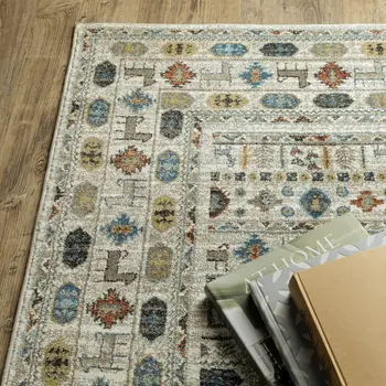 10' X 13' Ivory Tan And Gray Tribal Area Rug