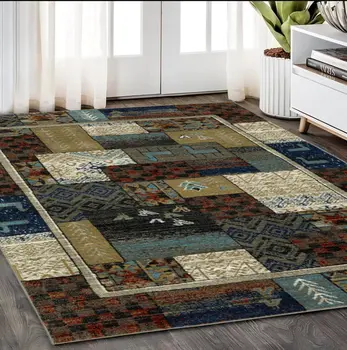 5' X 7' Brown Tan And Blue Patchwork Area Rug