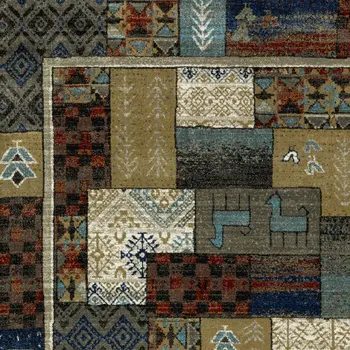 5' X 7' Brown Tan And Blue Patchwork Area Rug