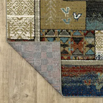 10' X 13' Brown Tan And Blue Patchwork Area Rug