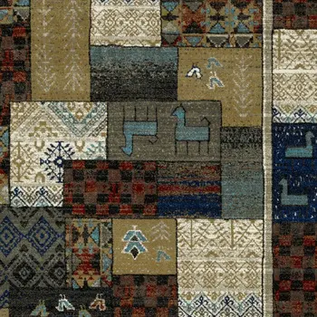 7' X 9' Brown Tan And Blue Patchwork Area Rug