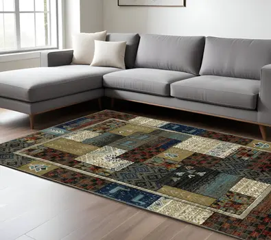 8' X 10' Brown Tan And Blue Patchwork Area Rug