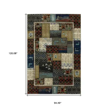 8' X 10' Brown Tan And Blue Patchwork Area Rug