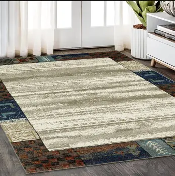 5' X 7' Ivory Tan And Blue Patchwork Area Rug