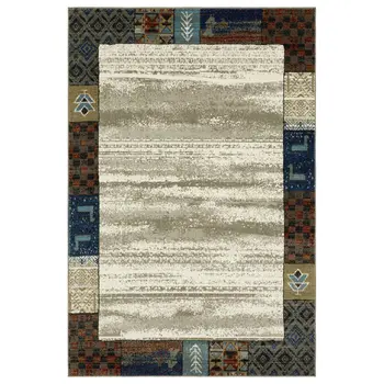 5' X 7' Ivory Tan And Blue Patchwork Area Rug