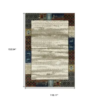 10' X 13' Ivory Tan And Blue Patchwork Area Rug