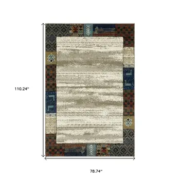 7' X 9' Ivory Tan And Blue Patchwork Area Rug