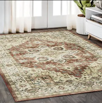 5' X 7' Red And Ivory Oriental Distressed Area Rug