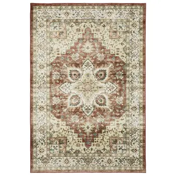 5' X 7' Red And Ivory Oriental Distressed Area Rug