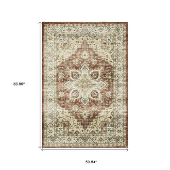 5' X 7' Red And Ivory Oriental Distressed Area Rug