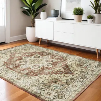 4' X 6' Red And Ivory Oriental Distressed Area Rug