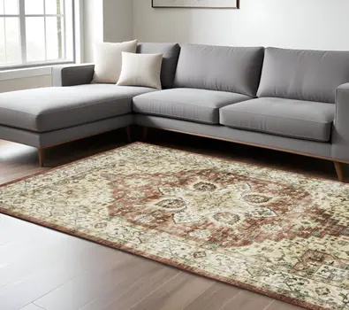 8' X 10' Red And Ivory Oriental Distressed Area Rug
