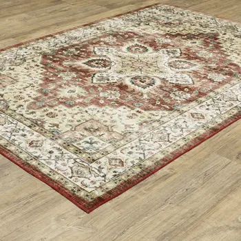 8' X 10' Red And Ivory Oriental Distressed Area Rug