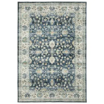 5' X 7' Blue And Ivory Oriental Distressed Area Rug