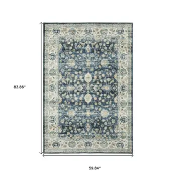 5' X 7' Blue And Ivory Oriental Distressed Area Rug