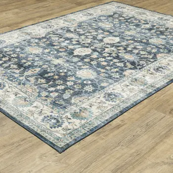 8' X 10' Blue And Ivory Oriental Distressed Area Rug