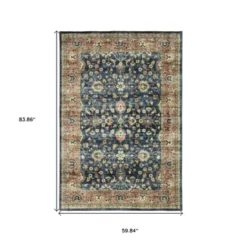 5' X 7' Blue And Rust Oriental Distressed Area Rug