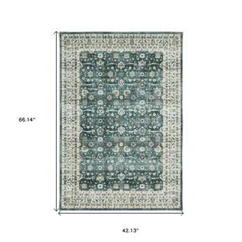 4' X 6' Teal And Ivory Oriental Distressed Area Rug