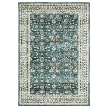 4' X 6' Teal And Ivory Oriental Distressed Area Rug