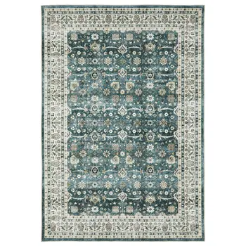 8' X 10' Teal And Ivory Oriental Distressed Area Rug