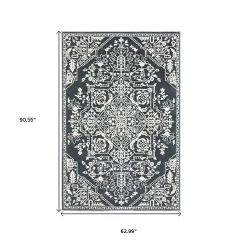 5' X 8' Blue And Ivory Oriental Area Rug