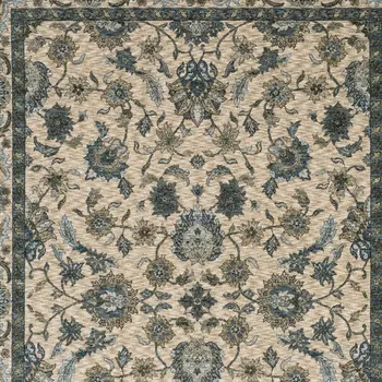 5' X 8' Beige And Blue Oriental Area Rug With Fringe