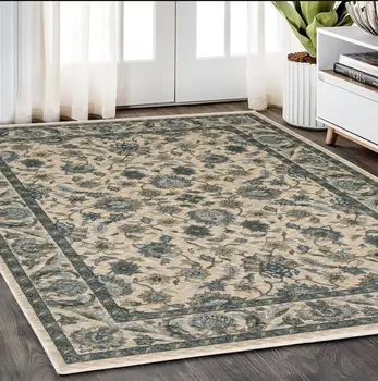 5' X 8' Beige And Blue Oriental Area Rug With Fringe